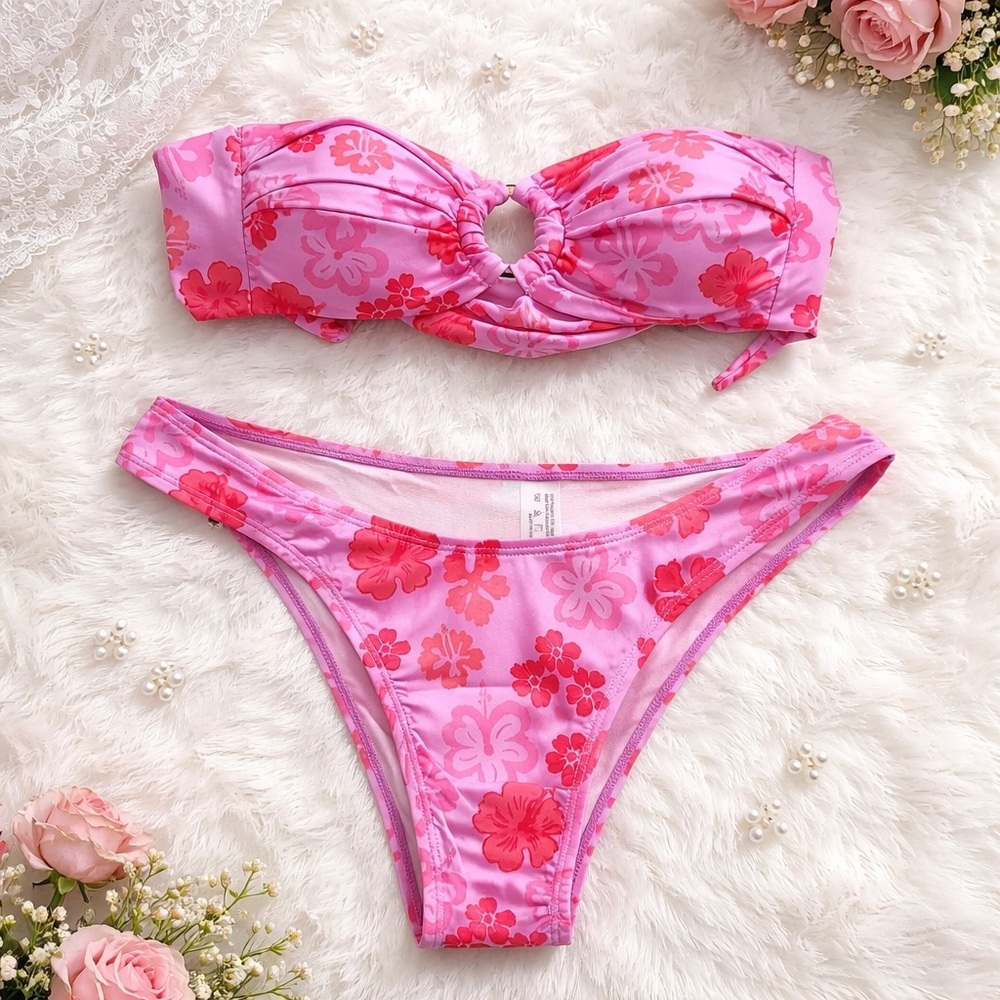 New‎ Floral Pink Bandeau Bikini Set - Medium